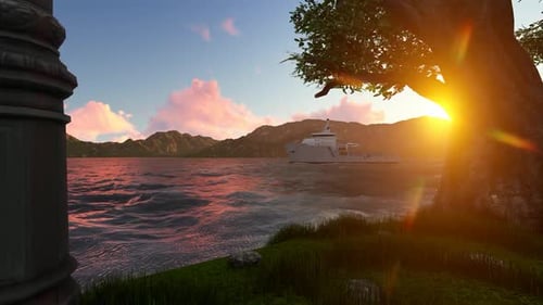 Sunset over the sea and Ship