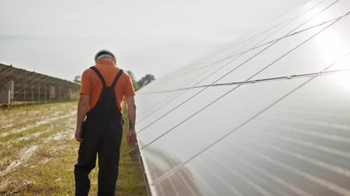 Professional Male Engineer in Protective Helmet Walk on Ecological Solar Plant