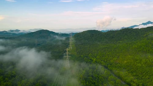 Mountain there is a large line of power transmission towers,