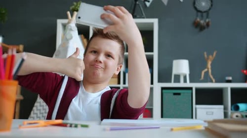 Boy Takes Fun Selfies at His Desk