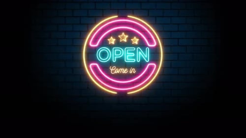 Neon Open Come In Sign Animation on Brick Wall