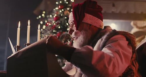 Santa Claus Reading Scroll by Candlelight at Christmas