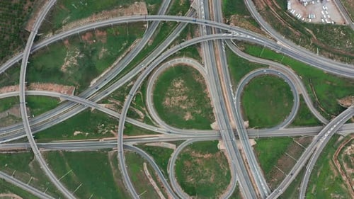 Aerial View. Road Traffic Highway and Overpass with Cars and Trucks, Interchange, Two-level Road