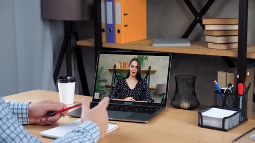 Businessman in Office Talk Top Manager Remote Video Call Webcam Chat Laptop