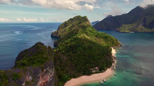 Drone Flight Above The Sea And Helicopter Island