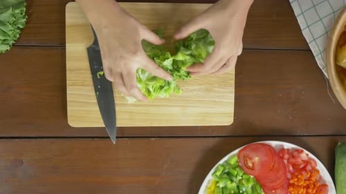 young chief woman tossing a tasty organic green salad.