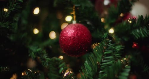 Christmas Tree Decoration with Red Baubles and Lights