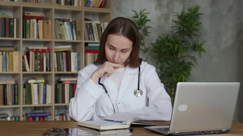 Woman Doctor Studying with Laptop and Book