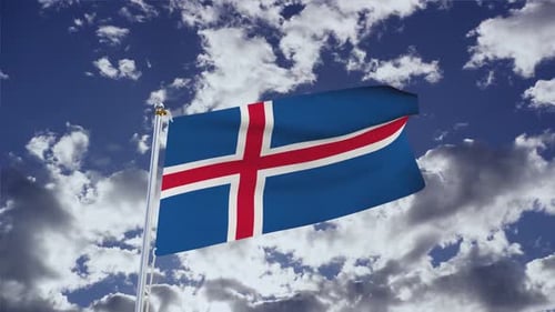 Waving Iceland Flag Animation with Realistic Clouds Background