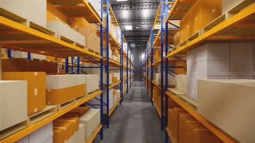Rendu 3D. Entrepôt avec des boîtes en carton à l'intérieur sur des rayonnages à palettes.