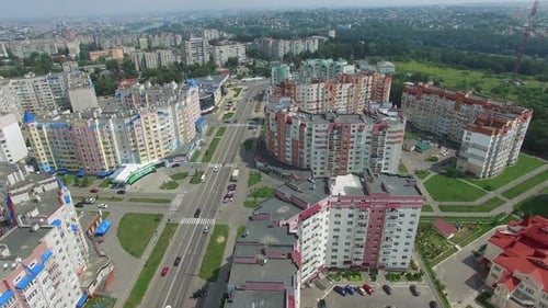 Landscape of a modern district with high-rise buildings for people in a summer day.
