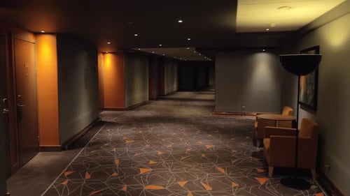 Walking in Hotel Hallway with Dim Light