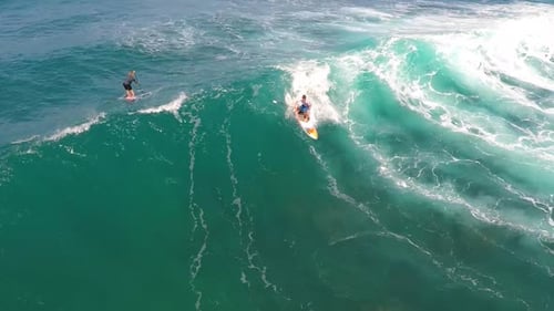 Aerial view of a man sup stand-up paddleboard surfing in Hawaii.