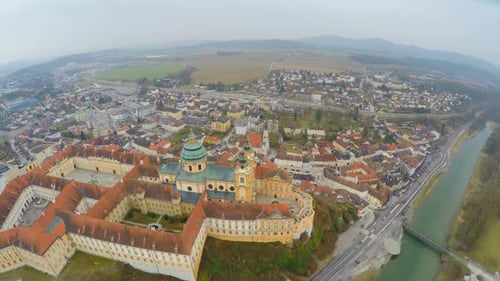 Top View of Melk Abbey and River Danube, Austria. Cold, Rainy Weather. Winter