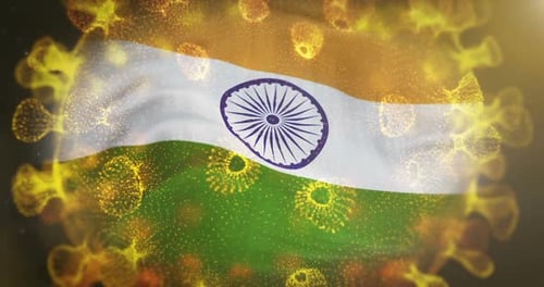 India Flag With Coronavirus Microbe Centered