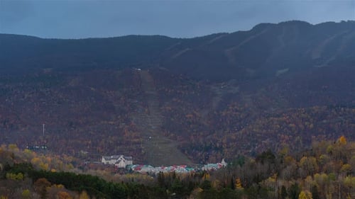 Mont-Tremblant, Canada, Timelapse - The iconic Mont-Tremblant Ski Resort station under the rain