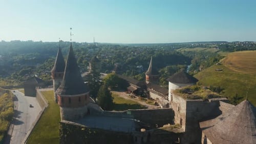 Aerial View of the Ruins of a Large Medieval Castle in Europe