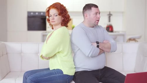 Argumentiertes erwachsenes Paar lehnt Rücken an Rücken auf Couch und denkt