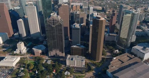 Drone view of skyscrapers in the Downtown Houston area. This video was filmed in 4k for best image q