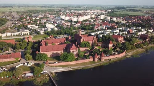 Aerial: The Castle of Malbork in Poland, summer time