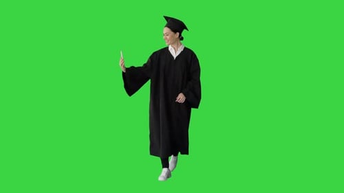 Happy Female Graduate Mortarboard Making Selfie Her Phone Green Screen Chroma Key