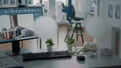 Close Up of 3d Building Model on Computer Screen in Empty Office for Architectural Design