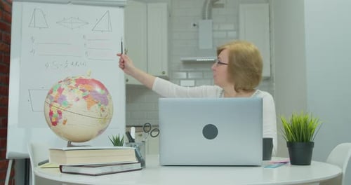 Woman Teaching Online Using Globe and Laptop
