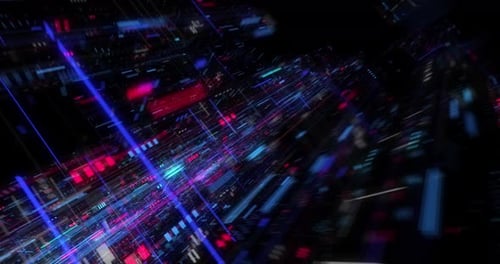 Flying over abstract motion background, a futuristic circuit board loop