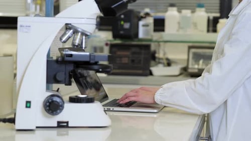Female Scientist Typing On Laptop In Lab
