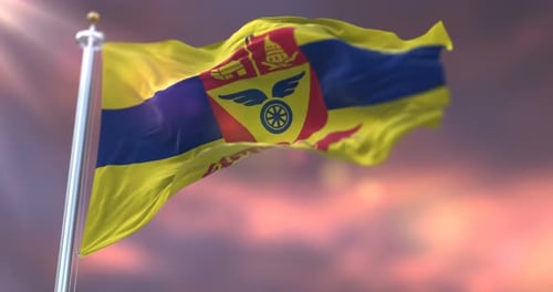 Realistic Waving Flag with Emblem Against Sunny Sky