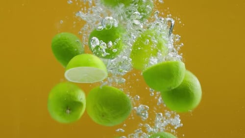 Closeup of Falling Ripe Limes Into the Sparkling Water on Yellow Background Making a Cocktail of