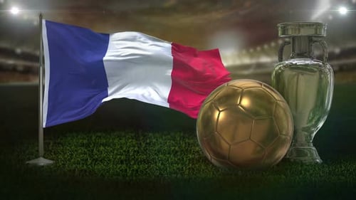 Waving French Flag with Golden Soccer Ball and Silver Trophy on Stadium Grass