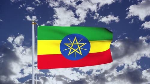 Ethiopian Flag Waving in Blue Sky with Moving Clouds