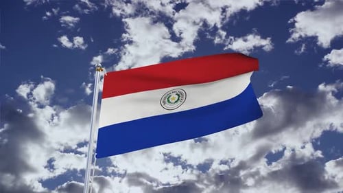 Paraguay National Flag Waving in Realistic Blue Sky