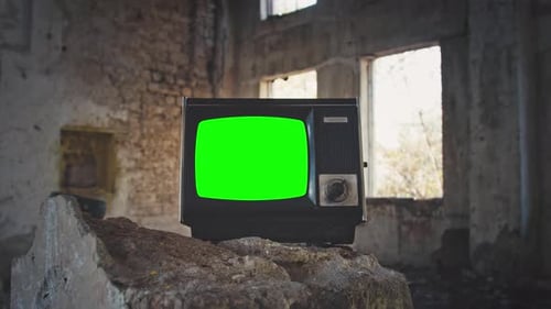 Vintage Tv Television Green Screen. Zooming Into Green Screen of an Old Television Vintage Style