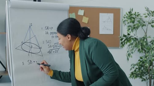 College Teacher Giving Online Lecture During Covid19 Pandemic Writing on Board Speaking Looking at