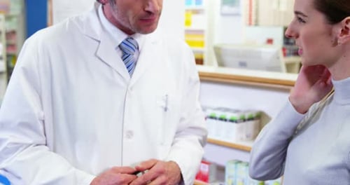 Pharmacien aidant le client à remettre le médicament en boîte