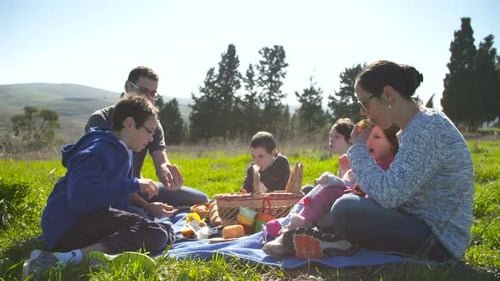 A family with 4 children having a picnic outdoors on a green hill in the sun