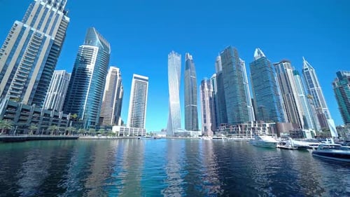 Dubai Marina and lake or river, Downtown skyline, United Arab Emirates or UAE.