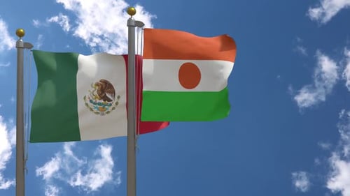 Mexico and Niger Flags Waving Together in Blue Sky