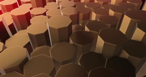 Abstract animation of gold, bronze, copper octagonal moving cylinders illuminated by the sun at suns