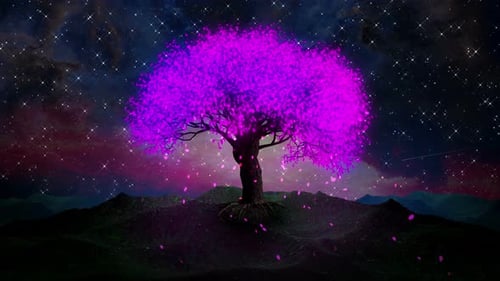 Fantasy Glowing Purple Tree with Falling Leaves under Twinkling Stars