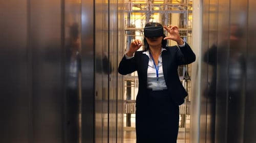 Woman Using VR Headset in Server Room