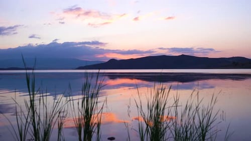 Twilight image reflected on the lake.