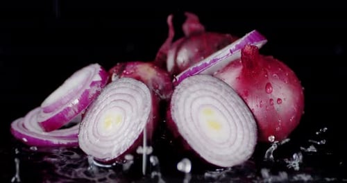 Fresh Red Onions Washed Against Black Background