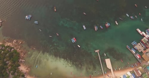 Aerial Lagoon Coast Beach Top Down Seascape View Clear Water Surface Boats Group Anchorage at Island