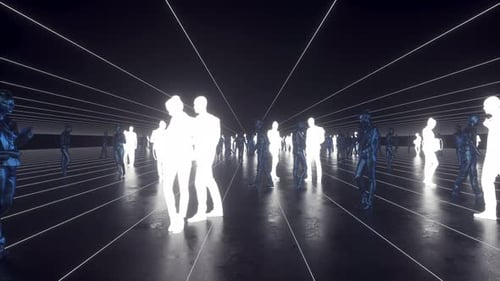 Holographic Digital People Walking in a Futuristic Grid Tunnel