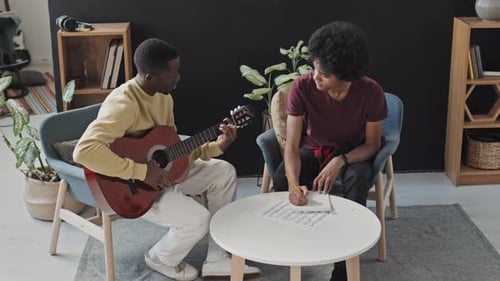 Men Write Song Together, Guitar Music At Home