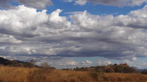 Savannah landscape in Tsavo Park, Mountain and clouds, Kenya, Slow motion