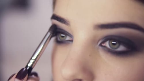 Applying Eye Makeup with Eyeshadow Brush, Close Up